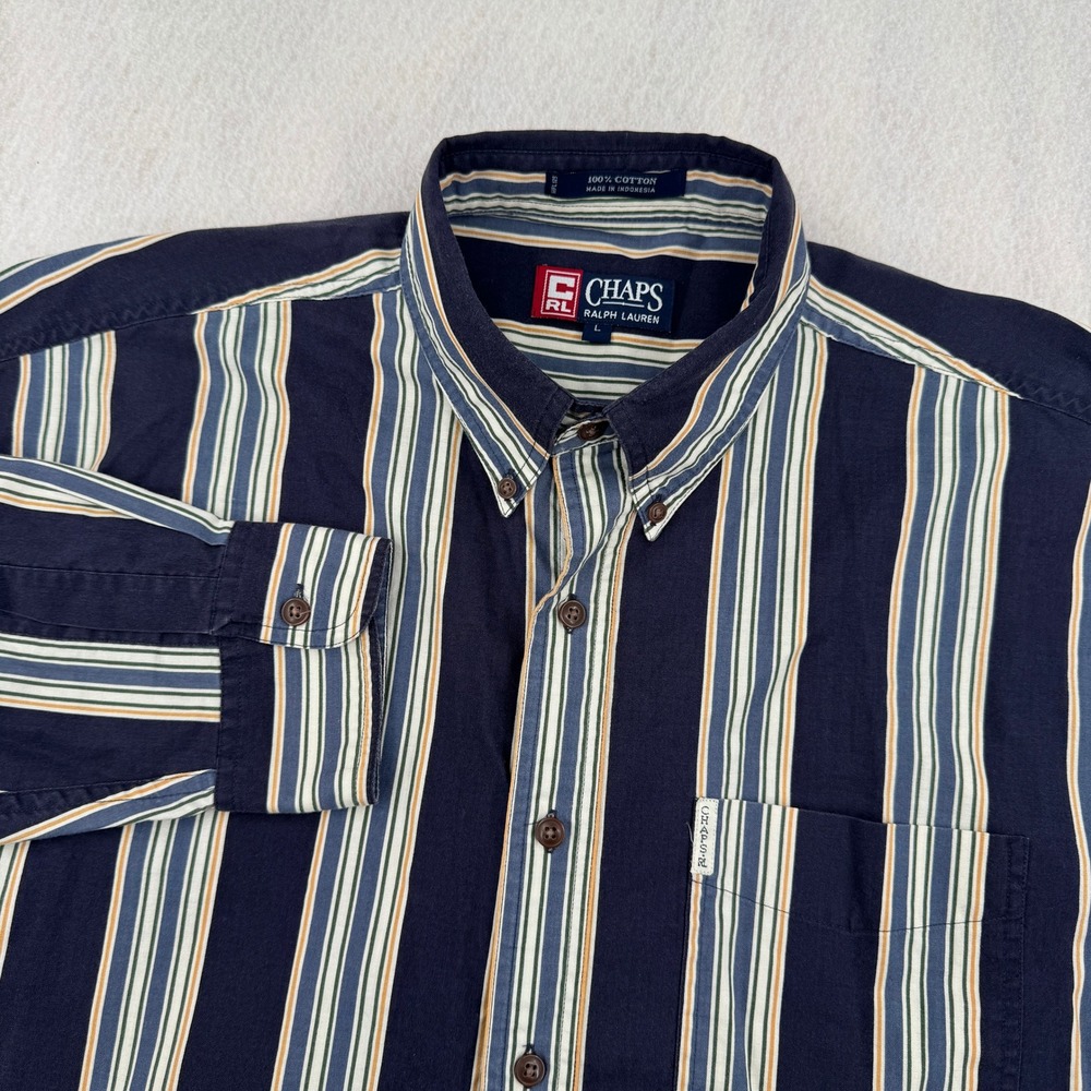 Vintage Chaps Ralph Lauren Mens L Long Sleeve Button Down Navy Blue Striped 90s
